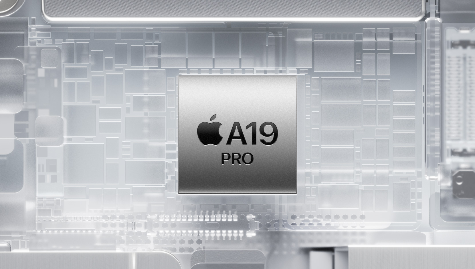 A19 Pro 晶片被發光的 iPhone 內部零組件環繞著
