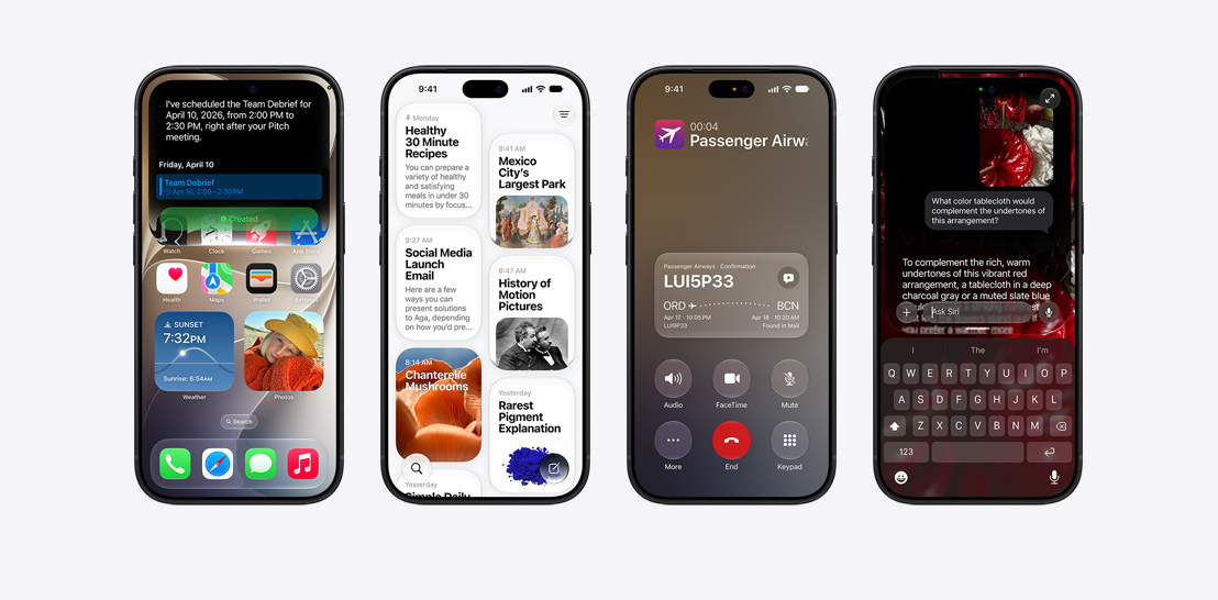 An array of iPhone 17 and 17 Pro devices each with a different screen showcasing iOS 26 and Apple Intelligence features