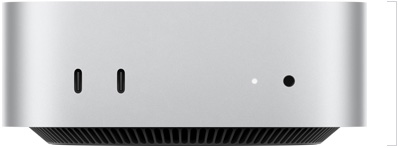 جهاز Mac mini، الجهة الأمامية، 2 من منافذ ثندربولت، ضوء مؤشر التشغيل ومقبس لسماعات الرأس، قاعدة سوداء مدببة في الأسفل، سطح مسطح، جوانب مدورة، حواف مستقيمة، لون فضي