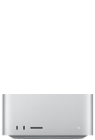 Mac Studio، الجهة الأمامية، 2 من منافذ USB‑C، فتحة بطاقة SDXC، ضوء مؤشر التشغيل، قاعدة مدببة في الأسفل، سطح مسطح، جوانب مدورة، حواف مستقيمة، لون فضي