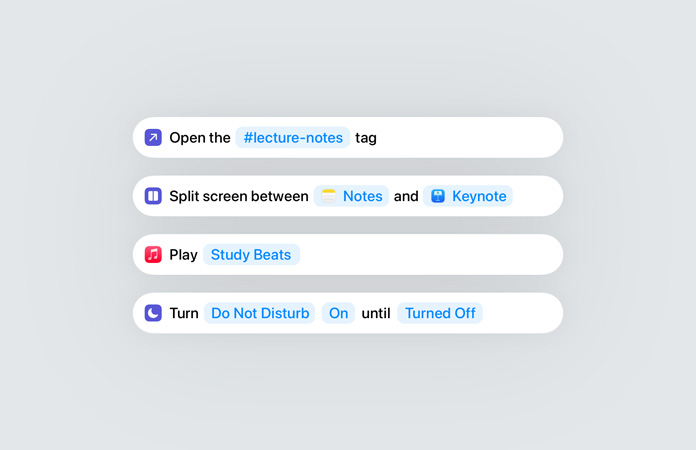 Opdrachten-app in Apple Intelligence die het gebruik van intelligente acties aangeeft