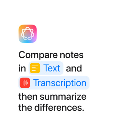 Vergelijk notities in Tekst en Transcriptie en maak een samenvatting, met de woorden ‘Tekst’ en ‘Transcriptie’ blauw gemarkeerd zoals ze weergegeven zouden worden in de Opdrachten-app