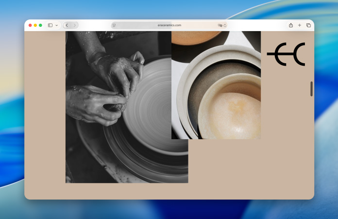 Een webpagina over keramisch aardewerk in de opnieuw ontworpen app Safari, met de vernieuwde knoppenbalk die subtiel de kleuren van de pagina weerspiegelt