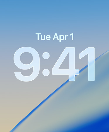 Una pantalla bloqueada muestra una tipografía en Liquid Glass de la hora