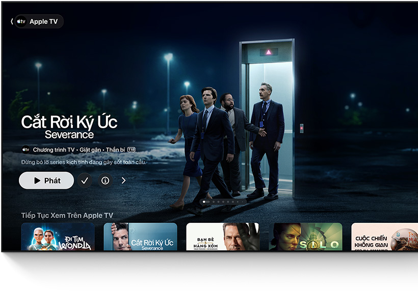 Ứng dụng Apple TV, tiêu đề nổi bật: Cắt Rời Ký Ức, mọi người bước ra khỏi thang máy vào bãi đậu xe, hàng Tiếp Tục Xem bên dưới