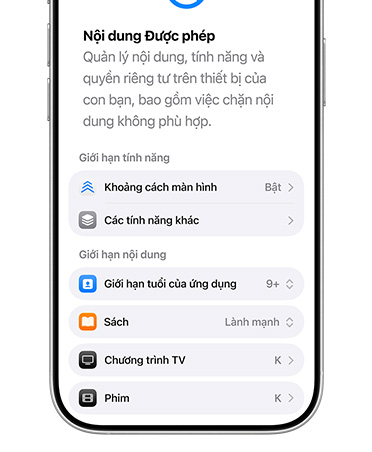 iPhone đang hiển thị các tùy chọn nội dung và giới hạn quyền riêng tư cho Tài Khoản Trẻ Em.
