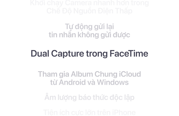 Một danh sách các tính năng theo chiều dọc, với tính năng “Dual Capture trong FaceTime” được hiển thị in đậm ở giữa. Các tính năng xung quanh mờ dần vào nền phía trên và dưới.