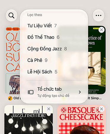 Trình duyệt Safari trên iPhone, hiển thị menu Lọc với các danh mục như Tài Liệu Viết, Quần Áo Thể Thao, Cộng Đồng Jazz, Cà Phê và Lễ Hội Sách, với tùy chọn Tự Động Sắp Xếp đang được chọn