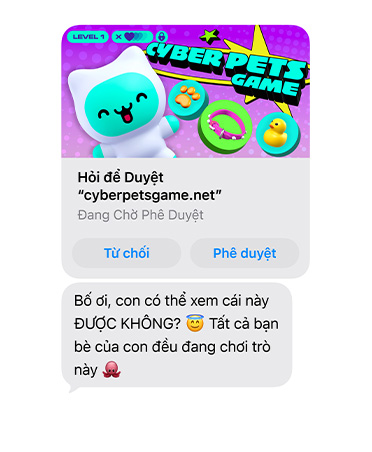 Màn hình hiển thị tin nhắn văn bản với ảnh chụp màn hình cyberpetsgame.net, các nút Từ Chối và Phê Duyệt bên dưới đồ họa, văn bản tin nhắn, Cha ơi, con có thể xem cái này được không, tất cả bạn bè con đều đang chơi 