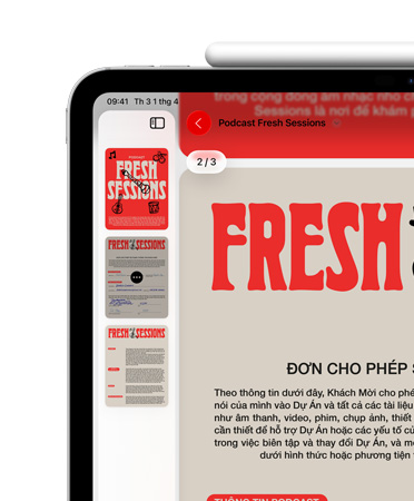 iPad, nằm ngang, Apple Pencil gắn kết bằng nam châm ở cạnh trên, phía trên bên trái màn hình hiển thị PDF trong ứng dụng Xem Trước